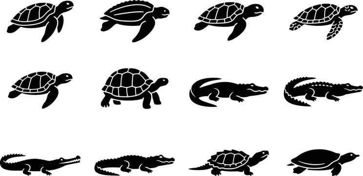 Set of silhouettes depicting various turtles and crocodiles.