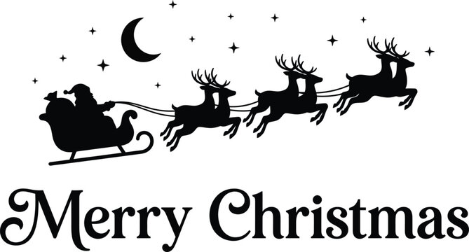 Illustration of santa claus riding a sleigh pulled by reindeer under the moon