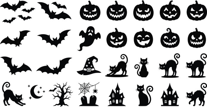 Collection of spooky halloween icons including bats, pumpkins, ghosts, and black cats