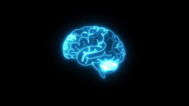 Blue neon brain with electric pulses and wave lines representing futuristic neural technology