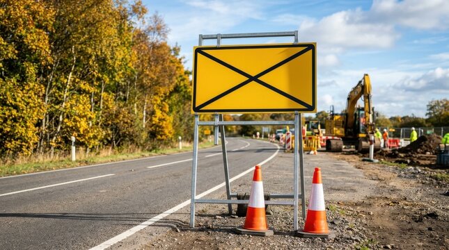 Road closure sign on a highway with construction cones and workers in the background