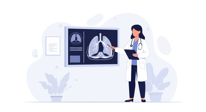 Doctor explains lung anatomy on X-ray screen, medical illustration, healthcare concept