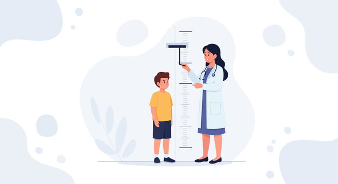 Doctor measures child's height using a stadiometer in a medical clinic, pediatric growth check, vector illustration