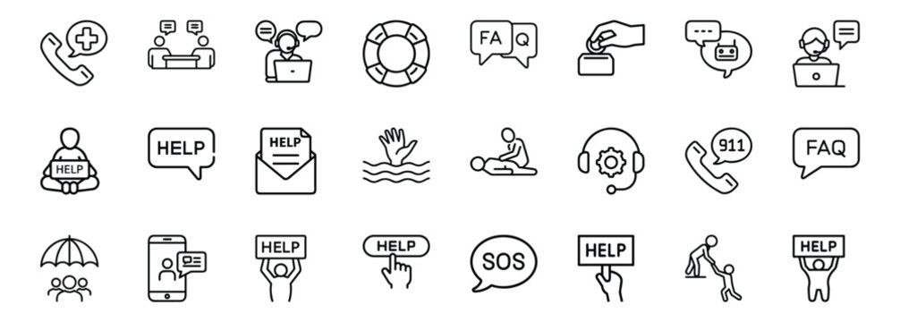 Customer care line icons set, emergency rescue ring, urgent sos notification, medical first aid call, it helpdesk headset & more vector illustration with editable stroke.