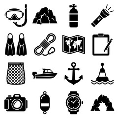 Set of diving exploration marine equipment icons with flippers, flashlight © www