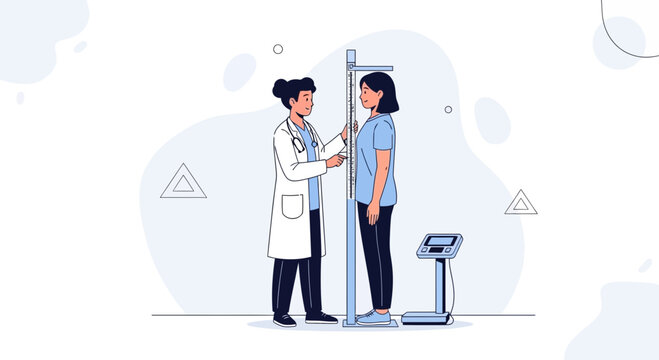 Doctor measuring patient's height on stadiometer next to a scale, healthcare concept illustration, flat design