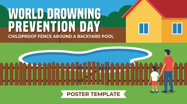 Childproof Fence Around a Backyard Pool - Poster Template for World Drowning Prevention Day