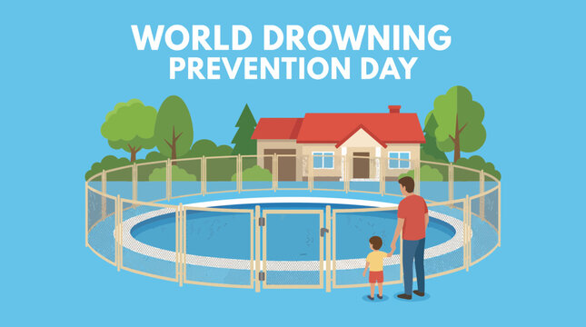 Childproof Fence Around a Backyard Pool - Flat Vector Illustration for World Drowning Prevention Day
