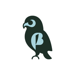 Fototapeta premium Minimalist owl bird logo icon featuring bold geometric shapes and soft blue accents on white background