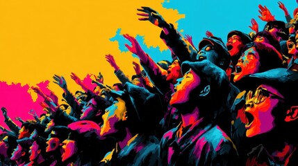 Obraz premium Diverse Crowd of People at Concert with Raised Hands and Loud Cheers