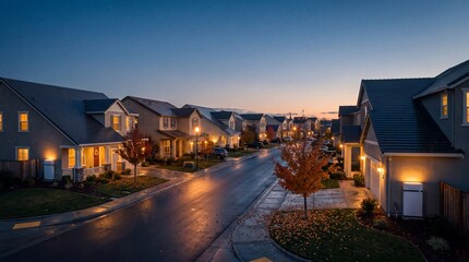 Naklejka premium Modern suburban homes with integrated solar roofs and glowing battery storage at dusk