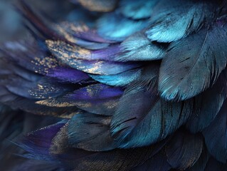 Obraz premium Close-up of colorful bird feathers with iridescent blue and purple hues and intricate textures