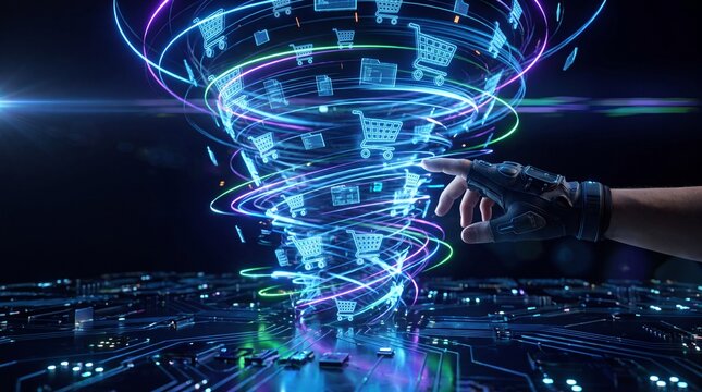 Hand interacting with glowing digital e-commerce vortex and data streams