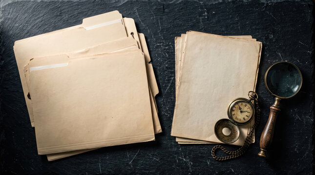 Flat lay of old manila folders, blank paper, magnifying glass