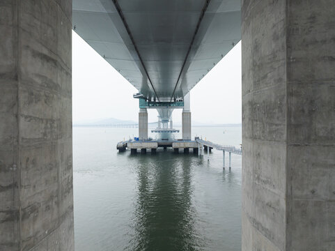 An aerial view shows Cheongna Sky Bridge and cities on the sea, incheon in republic of korea