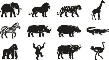 Collection of black and white silhouette icons representing various wild safari animals. © Arzo