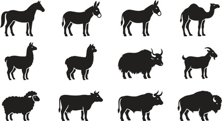 Set of black silhouettes of various farm and wild animals. © Arzo