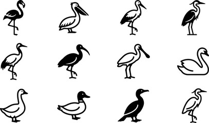 Obraz premium Collection of various water bird silhouettes and icons.
