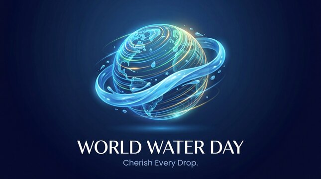 World Water Day poster with a glowing blue globe and water droplets, Cherish Every Drop slogan