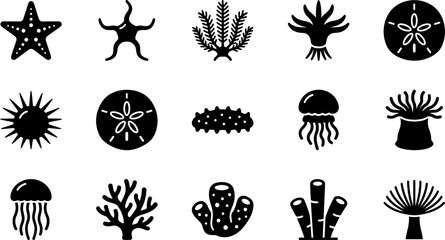 Collection of black silhouette icons representing various marine life species. © Arzo