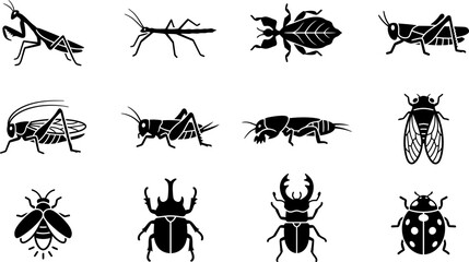 Set of black and white insect silhouette icons. © Arzo
