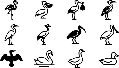 Set of minimalist black and white water bird icons. © Arzo