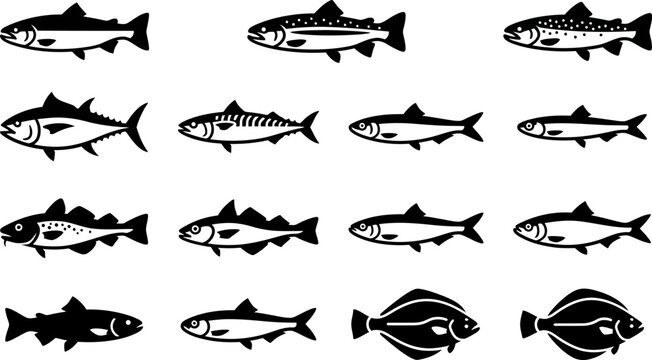 Set of black and white fish silhouettes collection.