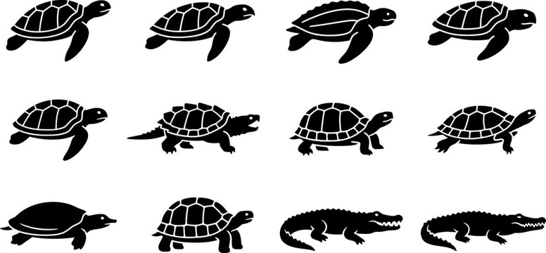 Collection of black silhouette icons depicting various turtles and crocodiles.