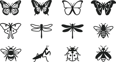 Set of black and white insect silhouette icons. © Mutmainah
