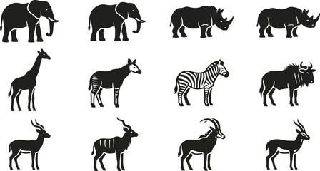 Set of African wildlife animal silhouettes isolated on white. © Mutmainah