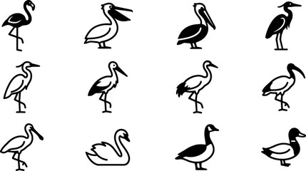 Set of black and white icons representing various water birds and aquatic species. © Mutmainah
