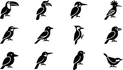 Collection of stylized black bird silhouettes in various poses. © Mutmainah