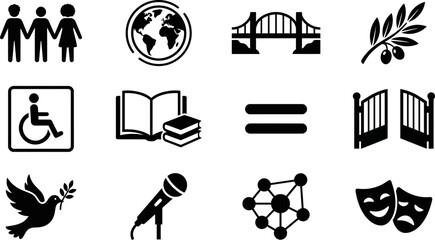 Fototapeta premium Collection of black and white flat vector icons representing diverse concepts.