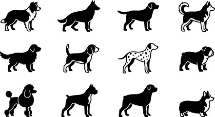 Collection of various dog breed silhouettes in black and white. © Mutmainah