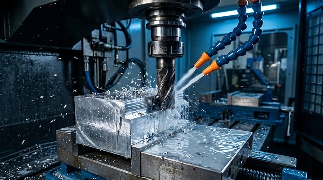 Professional CNC milling machine operating with coolant on a metal workpiece in workshop