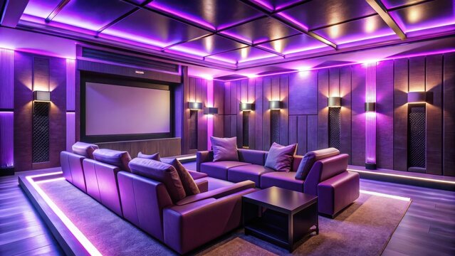 Luxury home cinema interior setup with violet ambient lighting design
