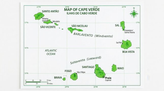 Hand Drawn Map of Cape Verde Islands Showing Geographical Locations in a Minimalist Style