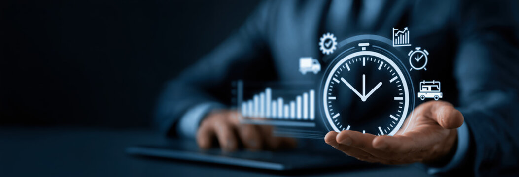 Business professional holding virtual clock with time management and productivity icons, symbolizing efficiency and planning in work environment