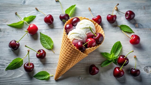Vanilla ice cream cone with cherry topping sweet dessert frozen treat summer snack delicious creamy tasty 100 vanilla ice cream cone cherry topping sw