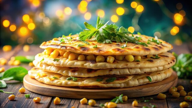 Delicious corn flatbreads with fresh herbs stacked close up for culinary inspiration delicious corn flatbreads fresh herbs stacked close culinary insp