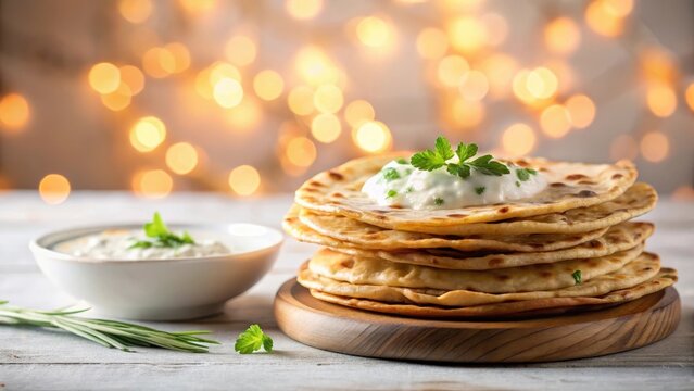 Stack of paratha with yogurt dip on white background stack paratha yogurt dip white background abstract background minimalist design pastel gradient l