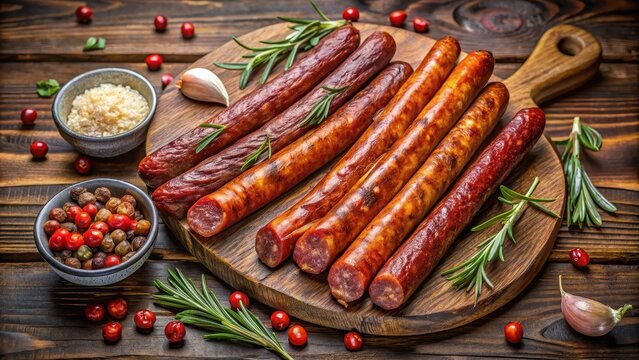 Smoked sausage sticks on a wooden board  snack food meat appetizer delicious savory protein smoky cured smoked sausage sticks wooden board snack food