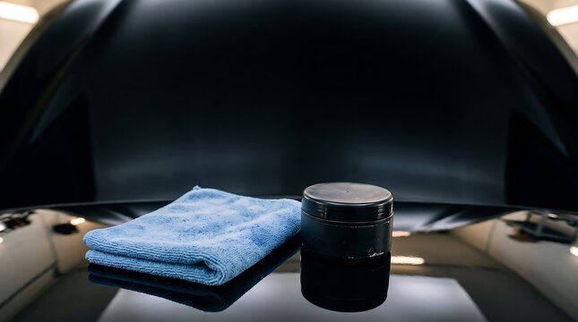 Microfiber Cloth and Wax on Polished Black Car Hood Copy Space