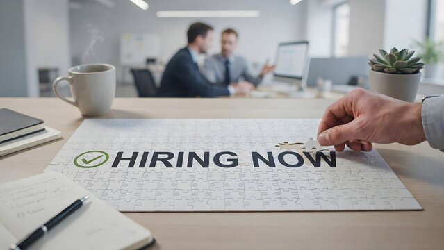 Business team working together in office with hiring now puzzle