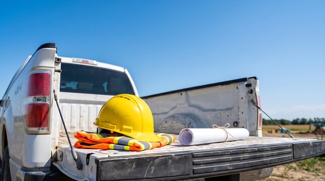 Hardhat and Safety Vest on Truck Tailgate with Blue Sky Copy Space
