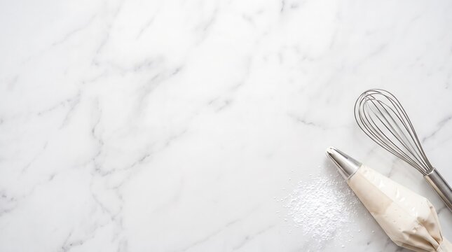Pastry Bag and Whisk on White Marble Countertop Copy Space