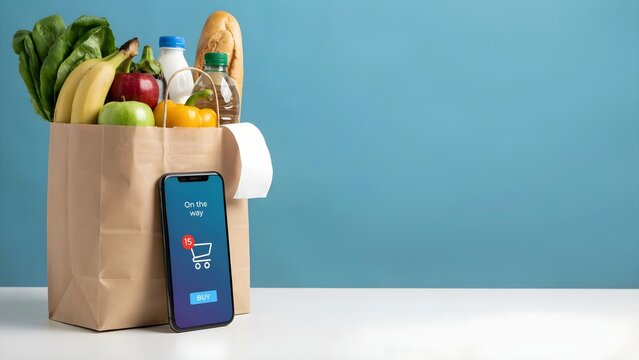 Grocery shopping online with smartphone and paper bag full of fresh food items on white table against blue background with copy space for advertising or marketing