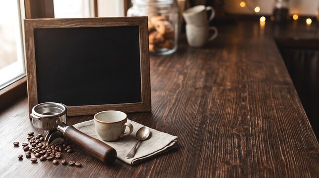 Blank Chalkboard and Espresso Portafilter on Wood Copy Space