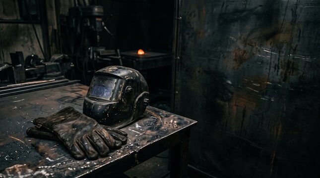 Welding Helmet and Gloves on Dark Metal Workbench Copy Space