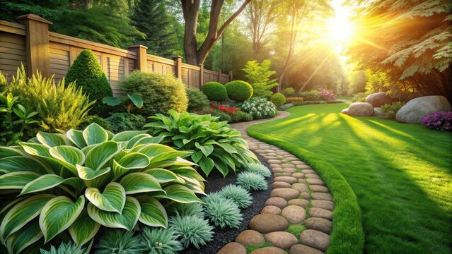 Natural stone border edging for lawn hosta growing in summer garden natural stone border edging lawn hosta growing summer garden sustainability concep